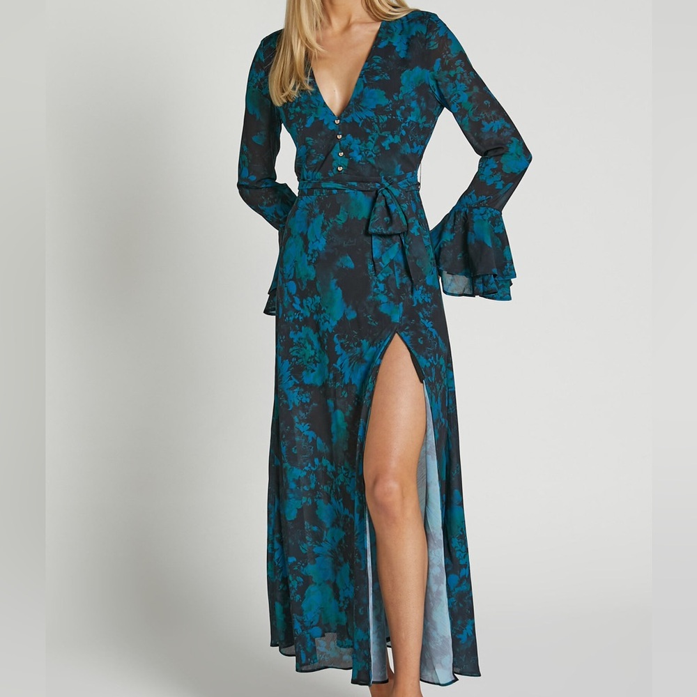 Showpo Blue & Black Ruffle Long Sleeve Midi Dress